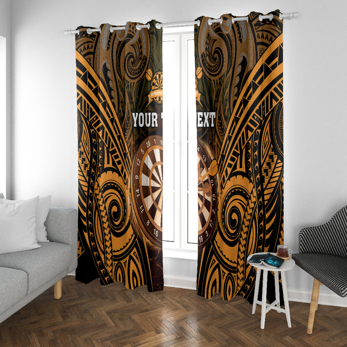 Personalised New Zealand Darts Window Curtain Gold Dart Board Maori Pattern LT05 With Grommets Gold - Polynesian Pride