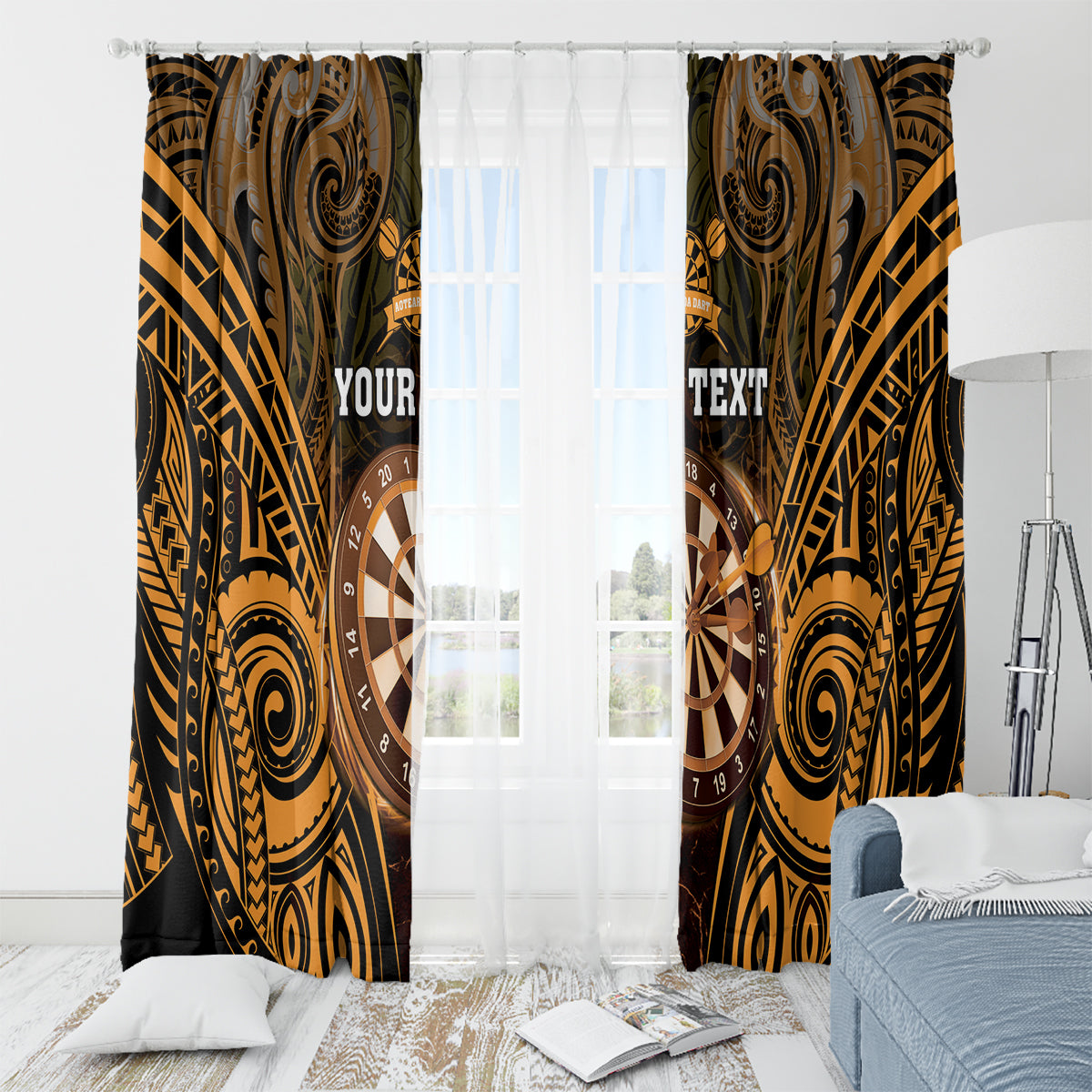 Personalised New Zealand Darts Window Curtain Gold Dart Board Maori Pattern LT05 - Polynesian Pride