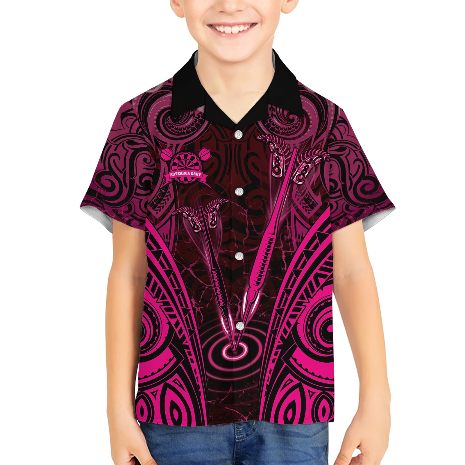 Personalised New Zealand Darts Kid Hawaiian Shirt Pink Dart Board Maori Pattern LT05 Kid Pink - Polynesian Pride