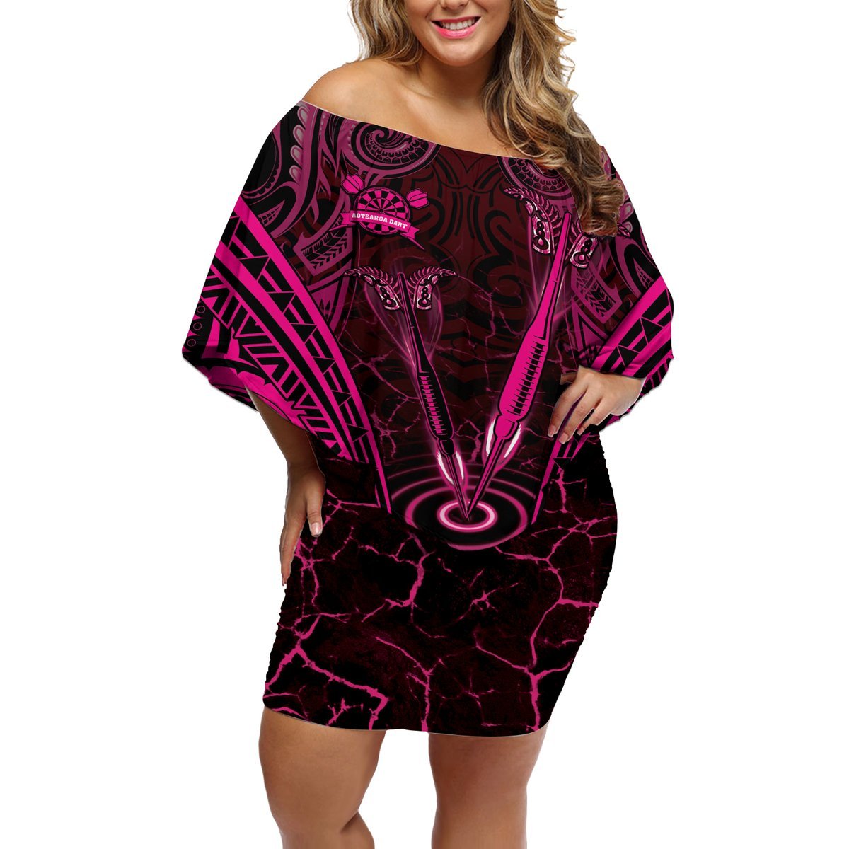 Personalised New Zealand Darts Off Shoulder Short Dress Pink Dart Board Maori Pattern LT05 Women Pink - Polynesian Pride