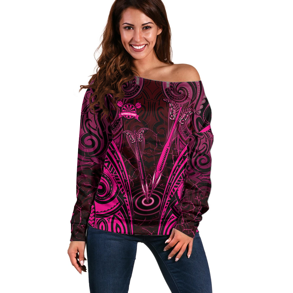 Personalised New Zealand Darts Off Shoulder Sweater Pink Dart Board Maori Pattern LT05 Women Pink - Polynesian Pride