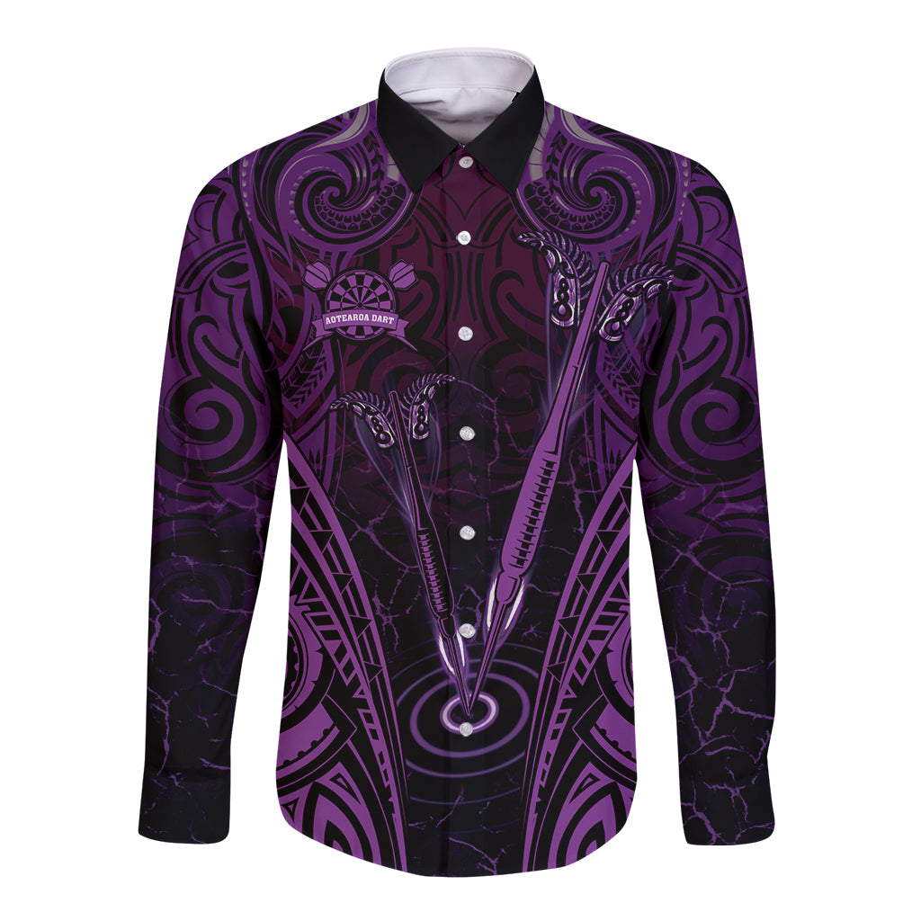 Personalised New Zealand Darts Long Sleeve Button Shirt Purple Dart Board Maori Pattern LT05 Unisex Purple - Polynesian Pride