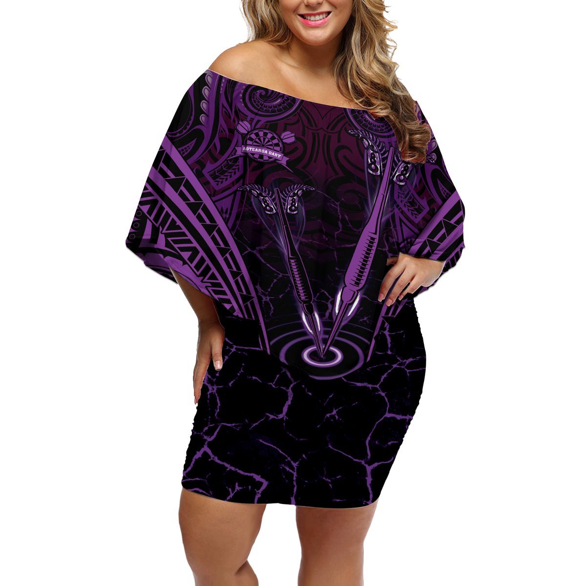 Personalised New Zealand Darts Off Shoulder Short Dress Purple Dart Board Maori Pattern LT05 Women Purple - Polynesian Pride