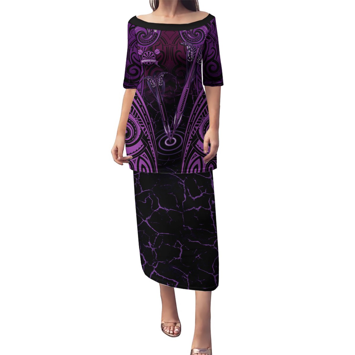 Personalised New Zealand Darts Puletasi Purple Dart Board Maori Pattern LT05 Long Dress Purple - Polynesian Pride