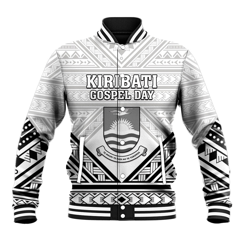 Personalised Kiribati Gospel Day Baseball Jacket Coat Of Arms Polynesian Pattern LT05 Unisex White - Polynesian Pride