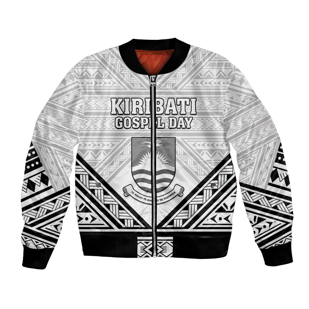 Personalised Kiribati Gospel Day Bomber Jacket Coat Of Arms Polynesian Pattern LT05 Unisex White - Polynesian Pride