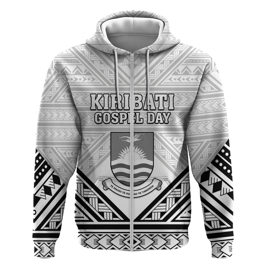 Personalised Kiribati Gospel Day Hoodie Coat Of Arms Polynesian Pattern LT05 Zip Hoodie White - Polynesian Pride
