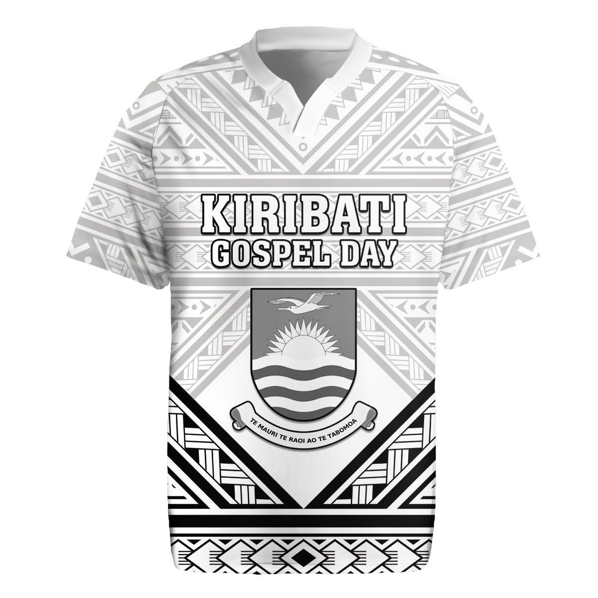 Personalised Kiribati Gospel Day Rugby Jersey Coat Of Arms Polynesian Pattern LT05 White - Polynesian Pride