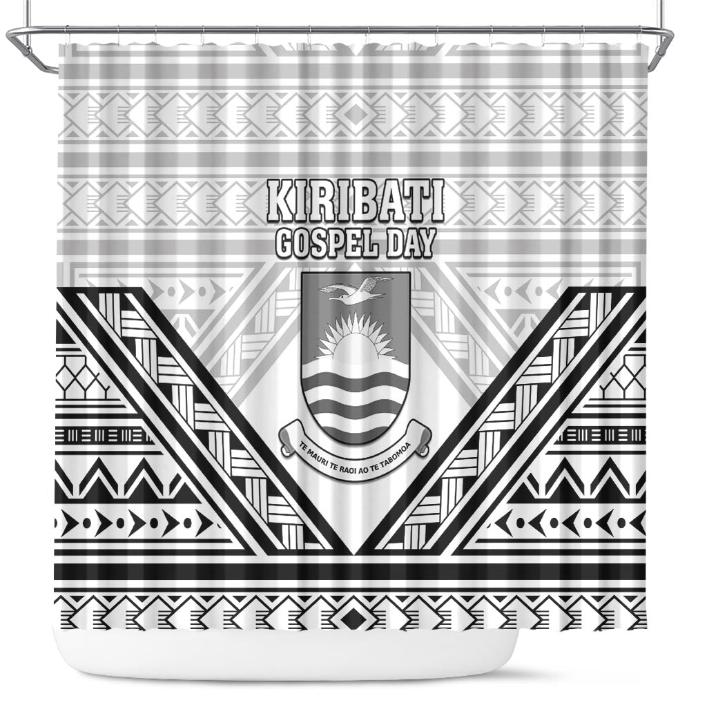 Kiribati Gospel Day Shower Curtain Coat Of Arms Polynesian Pattern LT05 White - Polynesian Pride