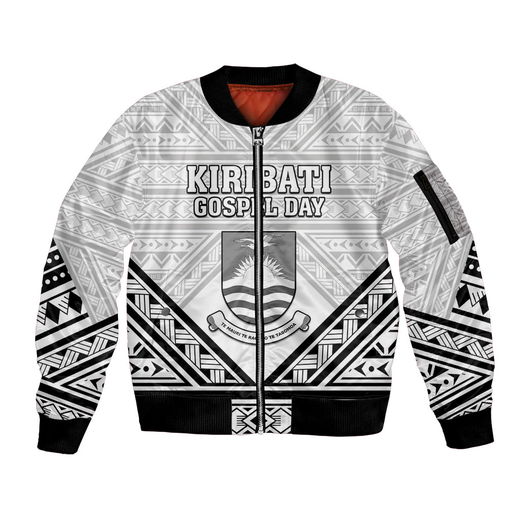 Personalised Kiribati Gospel Day Sleeve Zip Bomber Jacket Coat Of Arms Polynesian Pattern