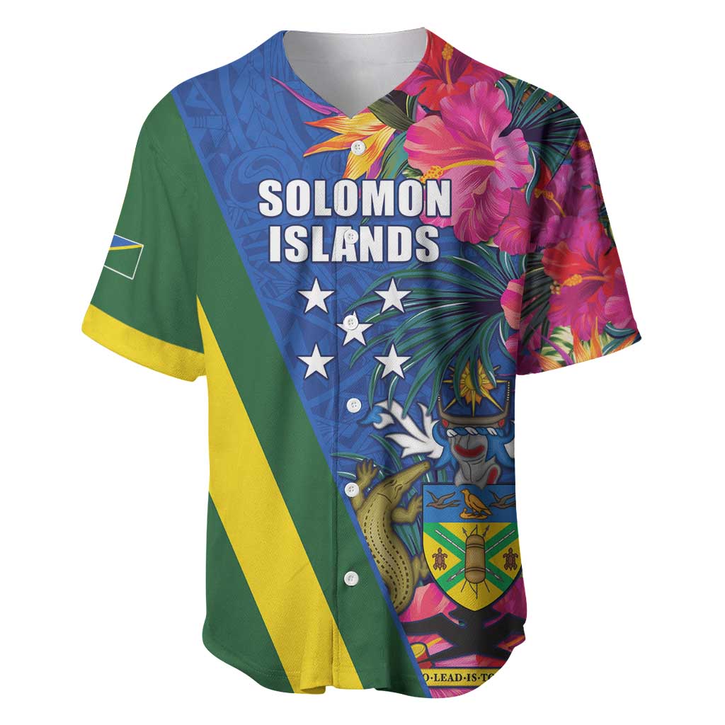 Solomon Islands Independence Day Baseball Jersey Coat Of Arms With Tropical Flowers LT05 Blue - Polynesian Pride