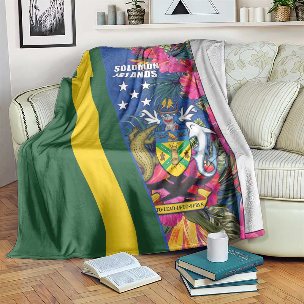 Solomon Islands Independence Day Blanket Coat Of Arms With Tropical Flowers LT05 Blue - Polynesian Pride