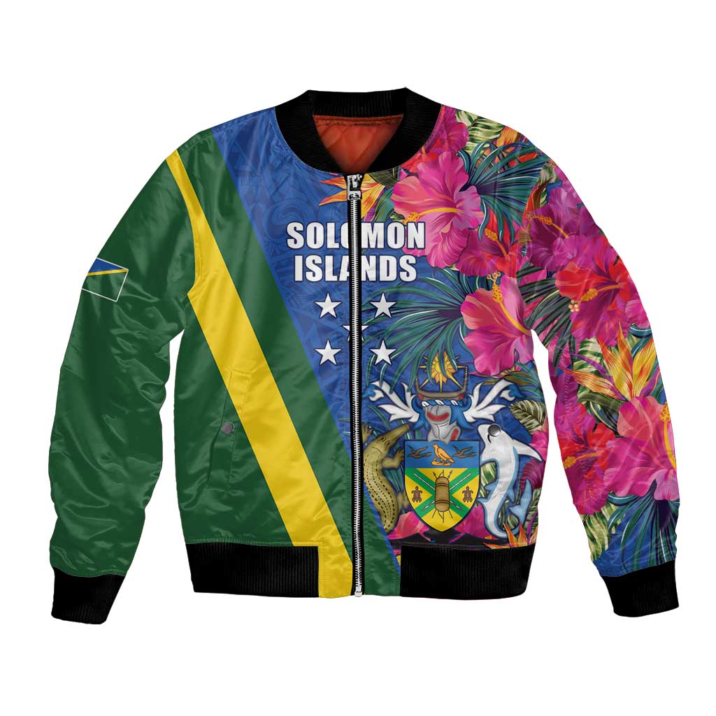 Solomon Islands Independence Day Bomber Jacket Coat Of Arms With Tropical Flowers LT05 Unisex Blue - Polynesian Pride