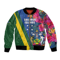 Solomon Islands Independence Day Bomber Jacket Coat Of Arms With Tropical Flowers LT05 Unisex Blue - Polynesian Pride