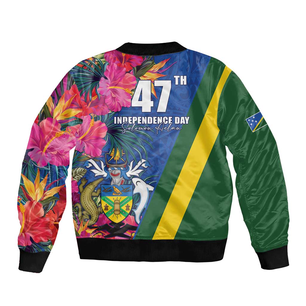 Solomon Islands Independence Day Bomber Jacket Coat Of Arms With Tropical Flowers LT05 - Polynesian Pride