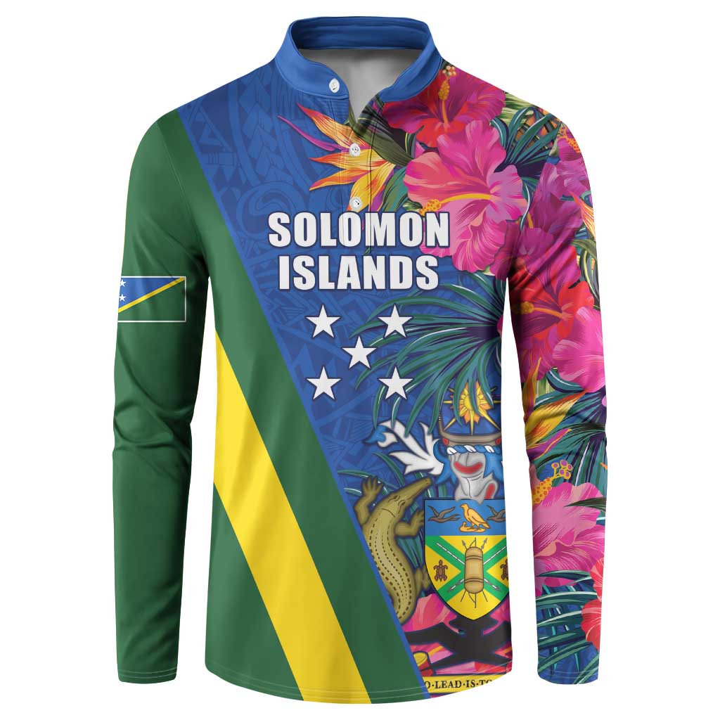 Solomon Islands Independence Day Button Sweatshirt Coat Of Arms With Tropical Flowers LT05 Blue - Polynesian Pride