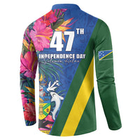 Solomon Islands Independence Day Button Sweatshirt Coat Of Arms With Tropical Flowers LT05 - Polynesian Pride
