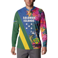 Solomon Islands Independence Day Button Sweatshirt Coat Of Arms With Tropical Flowers LT05 - Polynesian Pride