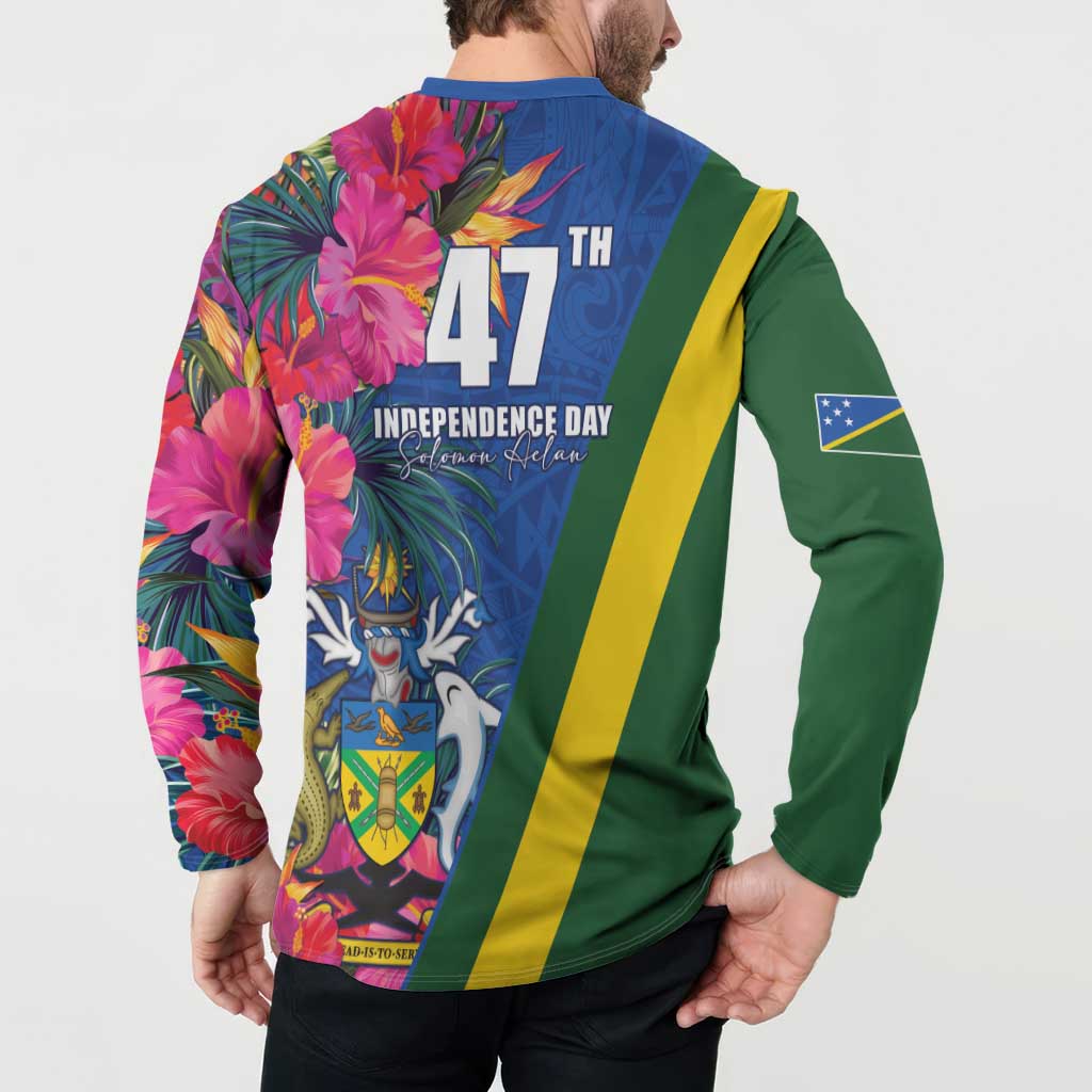Solomon Islands Independence Day Button Sweatshirt Coat Of Arms With Tropical Flowers LT05 - Polynesian Pride