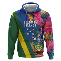 Solomon Islands Independence Day Hoodie Coat Of Arms With Tropical Flowers LT05 Pullover Hoodie Blue - Polynesian Pride