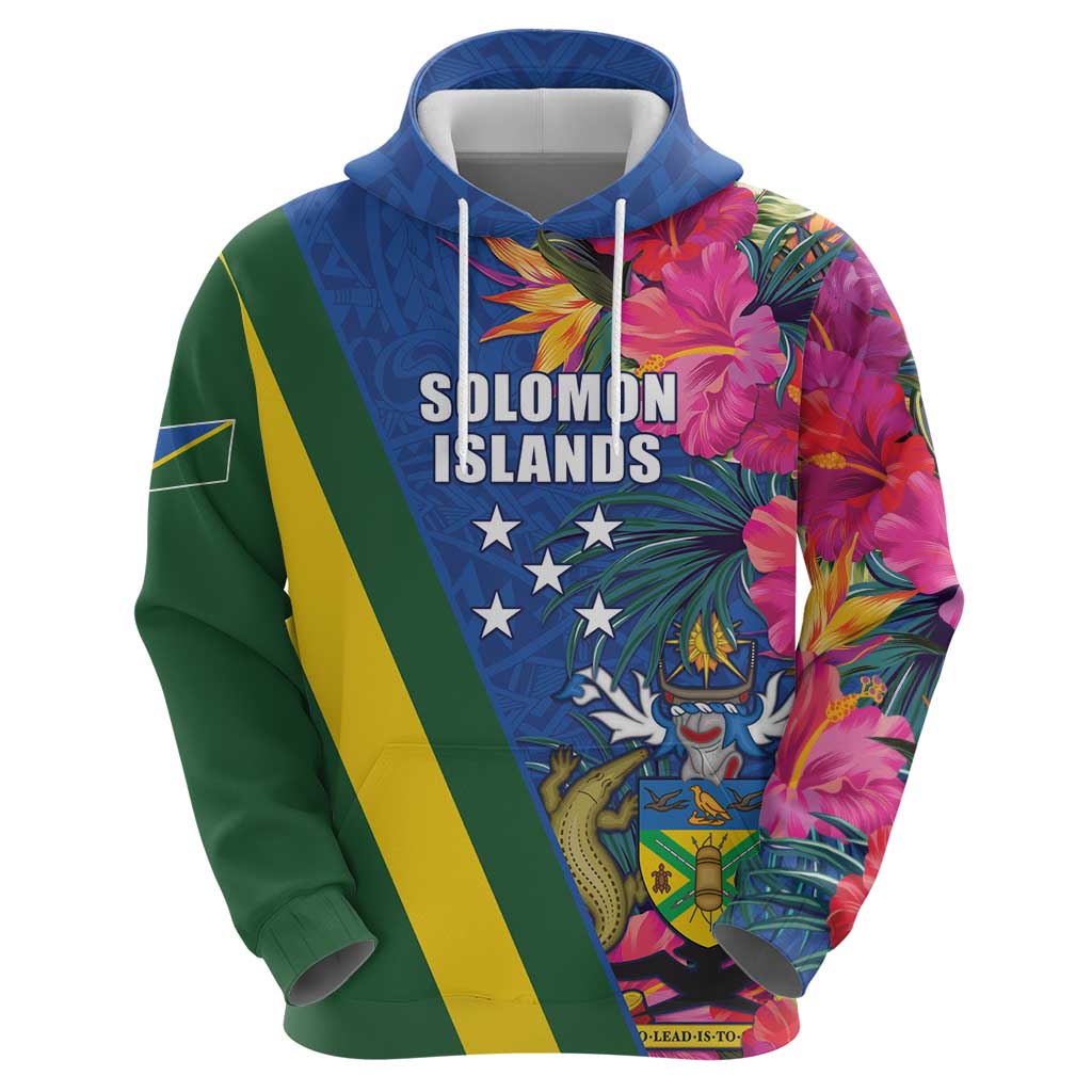 Solomon Islands Independence Day Hoodie Coat Of Arms With Tropical Flowers LT05 - Polynesian Pride