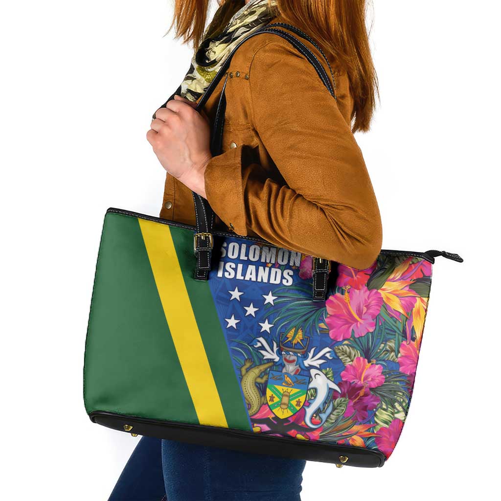 Solomon Islands Independence Day Leather Tote Bag Coat Of Arms With Tropical Flowers LT05 Blue - Polynesian Pride