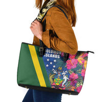 Solomon Islands Independence Day Leather Tote Bag Coat Of Arms With Tropical Flowers LT05 Blue - Polynesian Pride