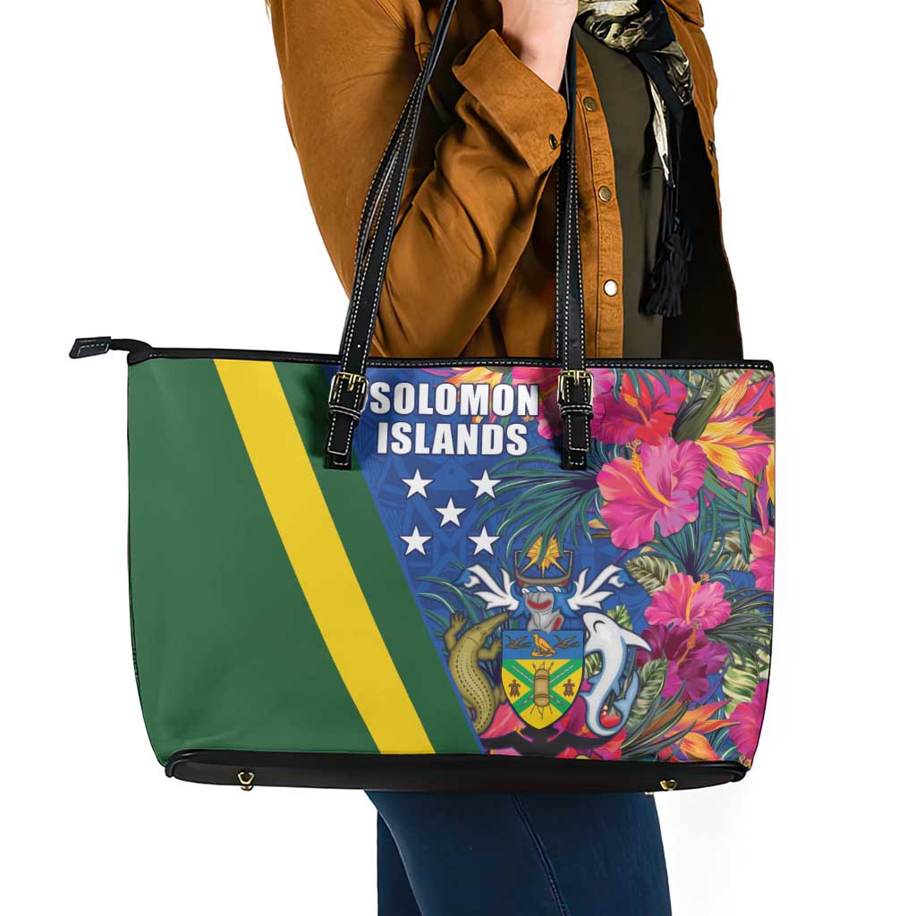Solomon Islands Independence Day Leather Tote Bag Coat Of Arms With Tropical Flowers LT05 - Polynesian Pride