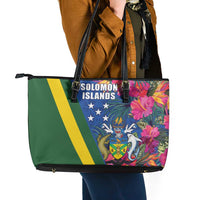 Solomon Islands Independence Day Leather Tote Bag Coat Of Arms With Tropical Flowers LT05 - Polynesian Pride