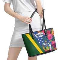Solomon Islands Independence Day Leather Tote Bag Coat Of Arms With Tropical Flowers LT05 - Polynesian Pride
