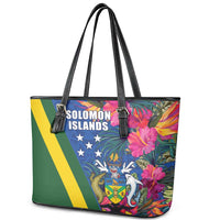 Solomon Islands Independence Day Leather Tote Bag Coat Of Arms With Tropical Flowers LT05 - Polynesian Pride