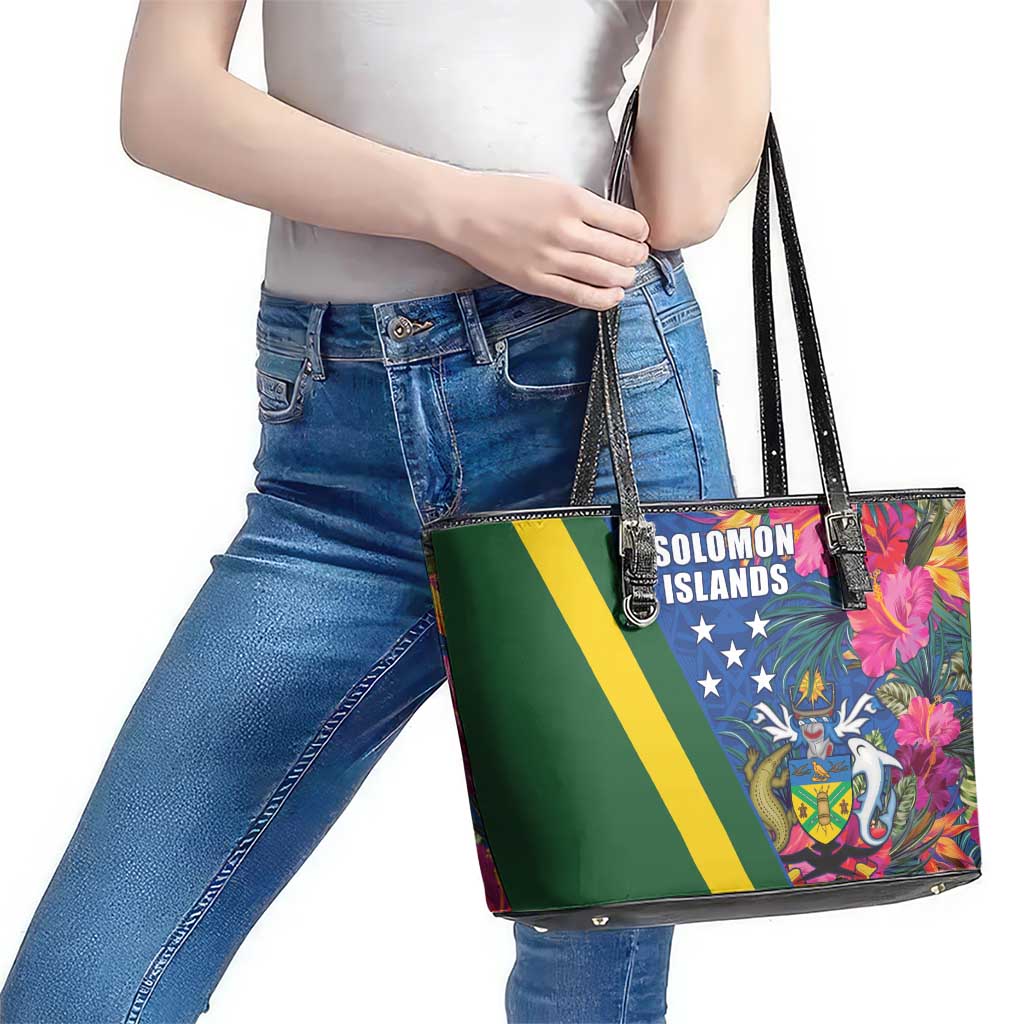 Solomon Islands Independence Day Leather Tote Bag Coat Of Arms With Tropical Flowers LT05 - Polynesian Pride