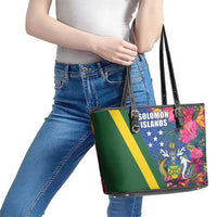 Solomon Islands Independence Day Leather Tote Bag Coat Of Arms With Tropical Flowers LT05 - Polynesian Pride
