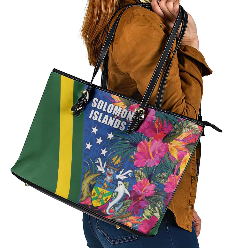 Solomon Islands Independence Day Leather Tote Bag Coat Of Arms With Tropical Flowers LT05 - Polynesian Pride
