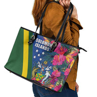 Solomon Islands Independence Day Leather Tote Bag Coat Of Arms With Tropical Flowers LT05 - Polynesian Pride