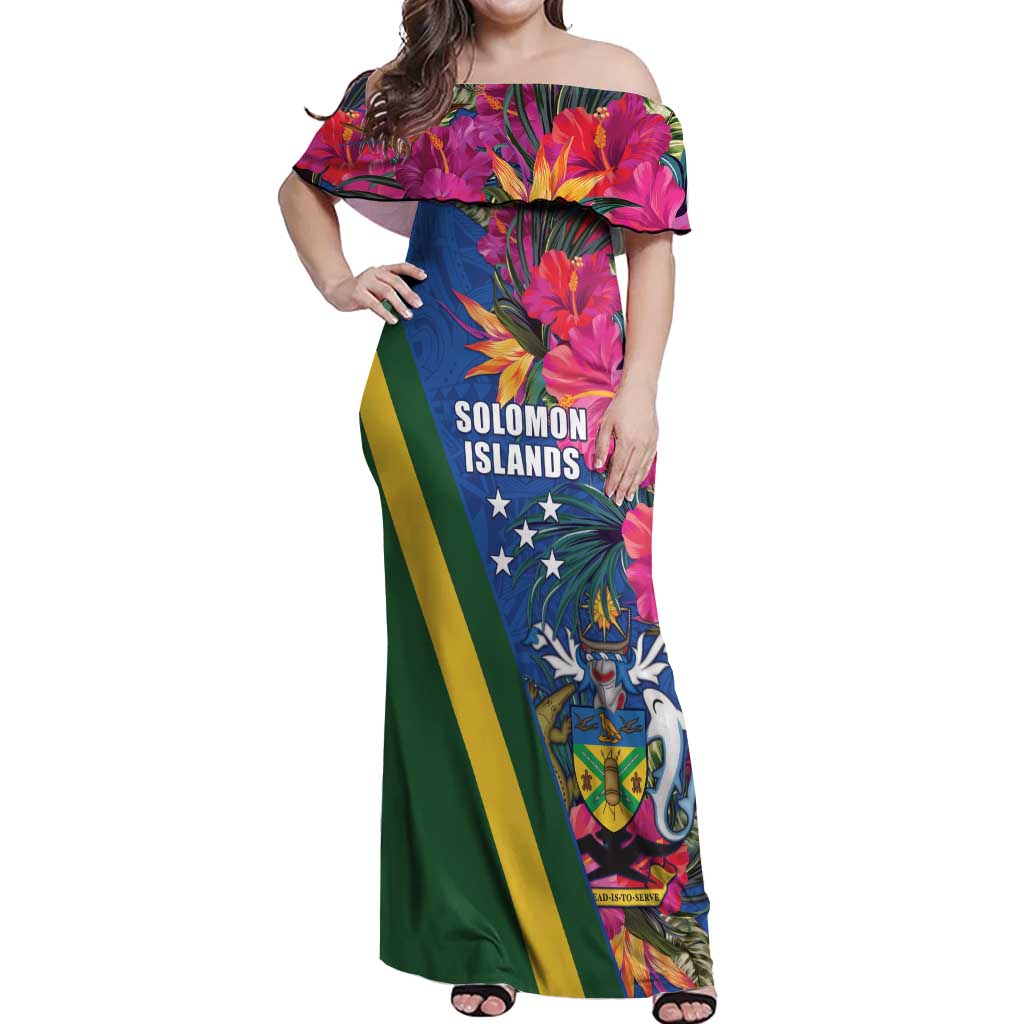 Solomon Islands Independence Day Off Shoulder Maxi Dress Coat Of Arms With Tropical Flowers LT05 Women Blue - Polynesian Pride