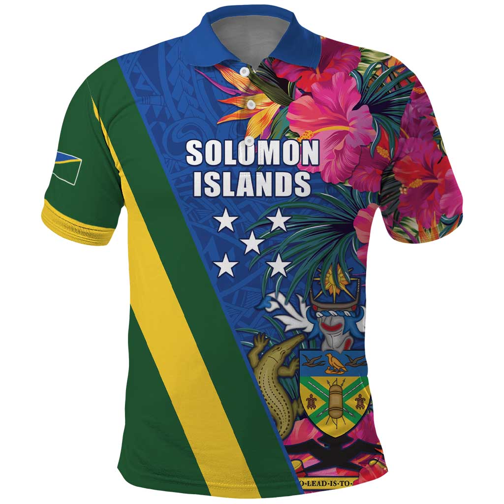 Solomon Islands Independence Day Polo Shirt Coat Of Arms With Tropical Flowers LT05 Blue - Polynesian Pride