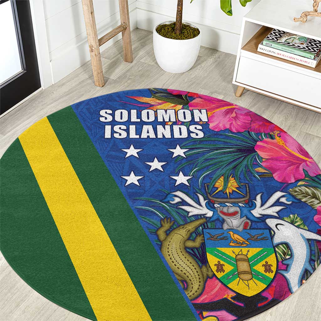 Solomon Islands Independence Day Round Carpet Coat Of Arms With Tropical Flowers LT05 Blue - Polynesian Pride