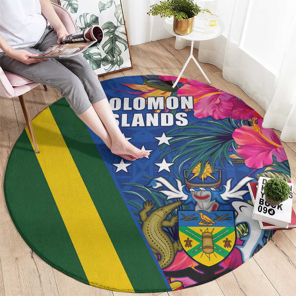 Solomon Islands Independence Day Round Carpet Coat Of Arms With Tropical Flowers LT05 - Polynesian Pride