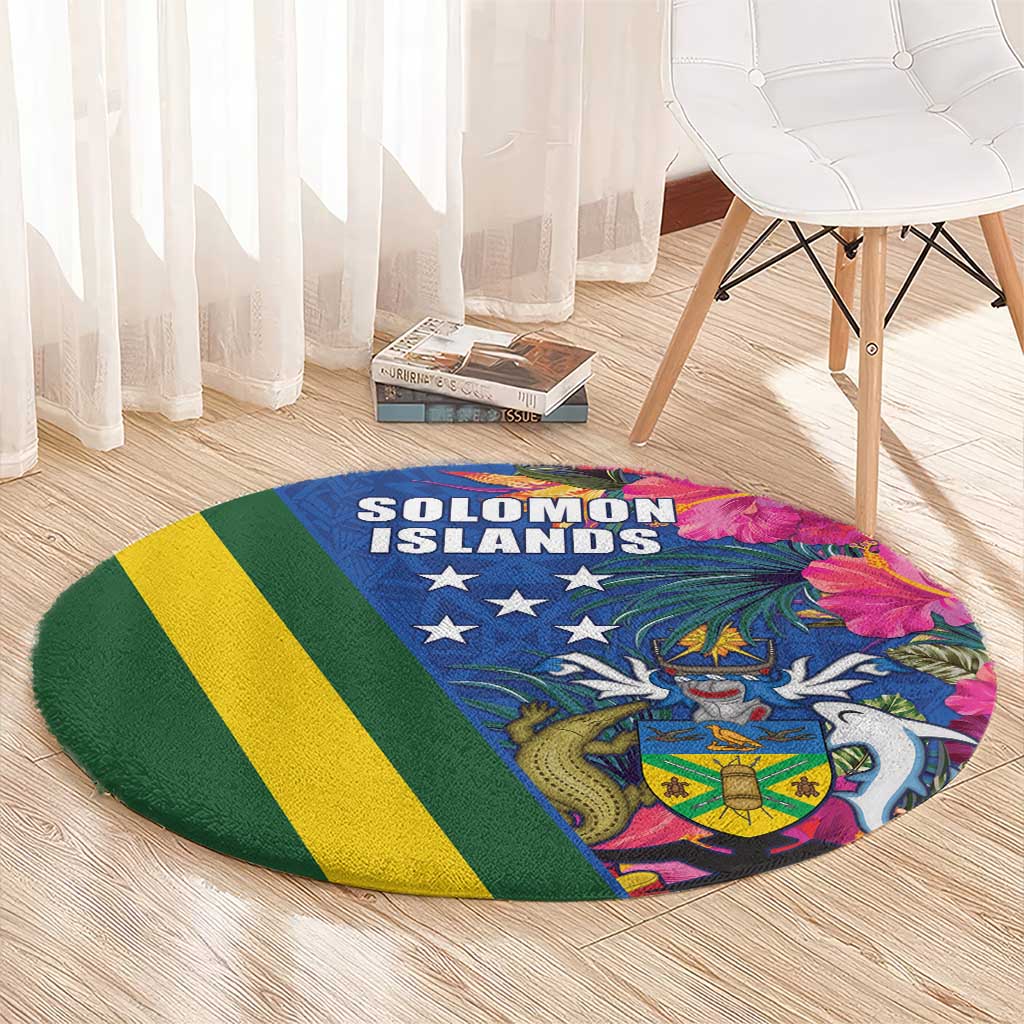 Solomon Islands Independence Day Round Carpet Coat Of Arms With Tropical Flowers LT05 - Polynesian Pride