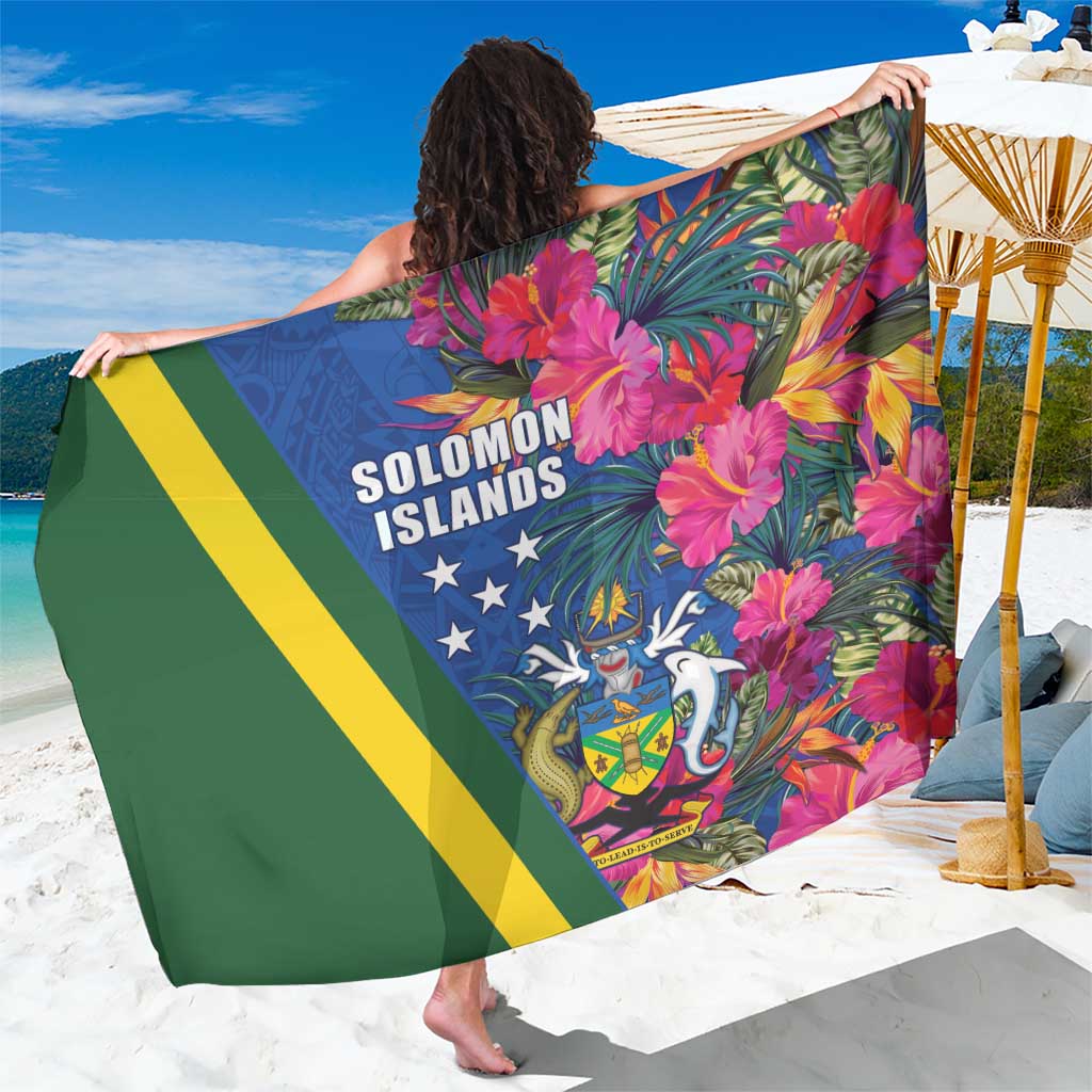 Solomon Islands Independence Day Sarong Coat Of Arms With Tropical Flowers LT05 One Size 44 x 66 inches Blue - Polynesian Pride