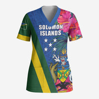 Solomon Islands Independence Day Scrub Top Coat Of Arms With Tropical Flowers LT05 Adult Blue - Polynesian Pride
