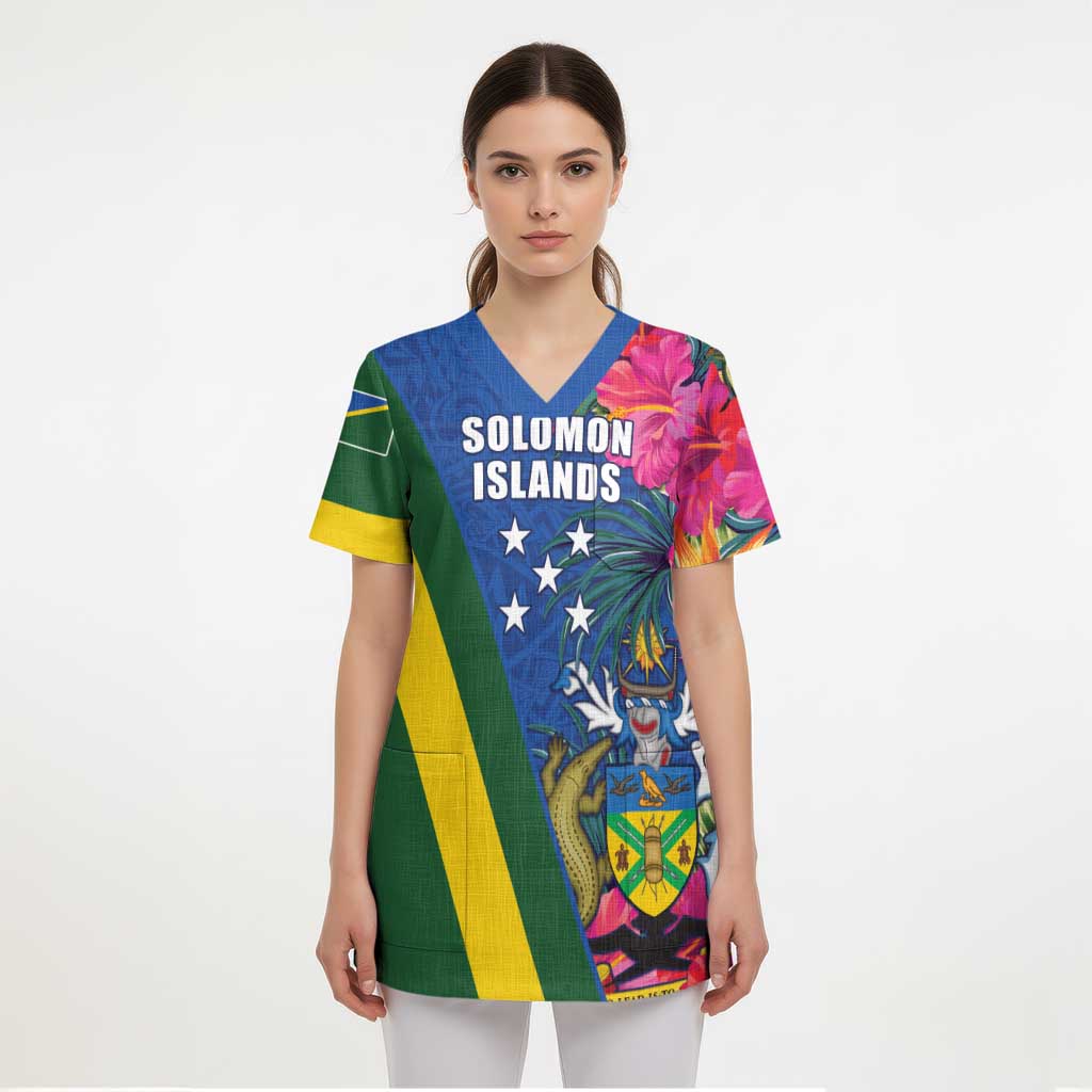 Solomon Islands Independence Day Scrub Top Coat Of Arms With Tropical Flowers LT05 - Polynesian Pride