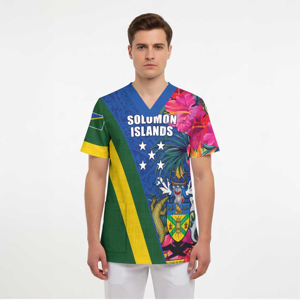 Solomon Islands Independence Day Scrub Top Coat Of Arms With Tropical Flowers LT05 - Polynesian Pride