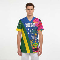 Solomon Islands Independence Day Scrub Top Coat Of Arms With Tropical Flowers LT05 - Polynesian Pride