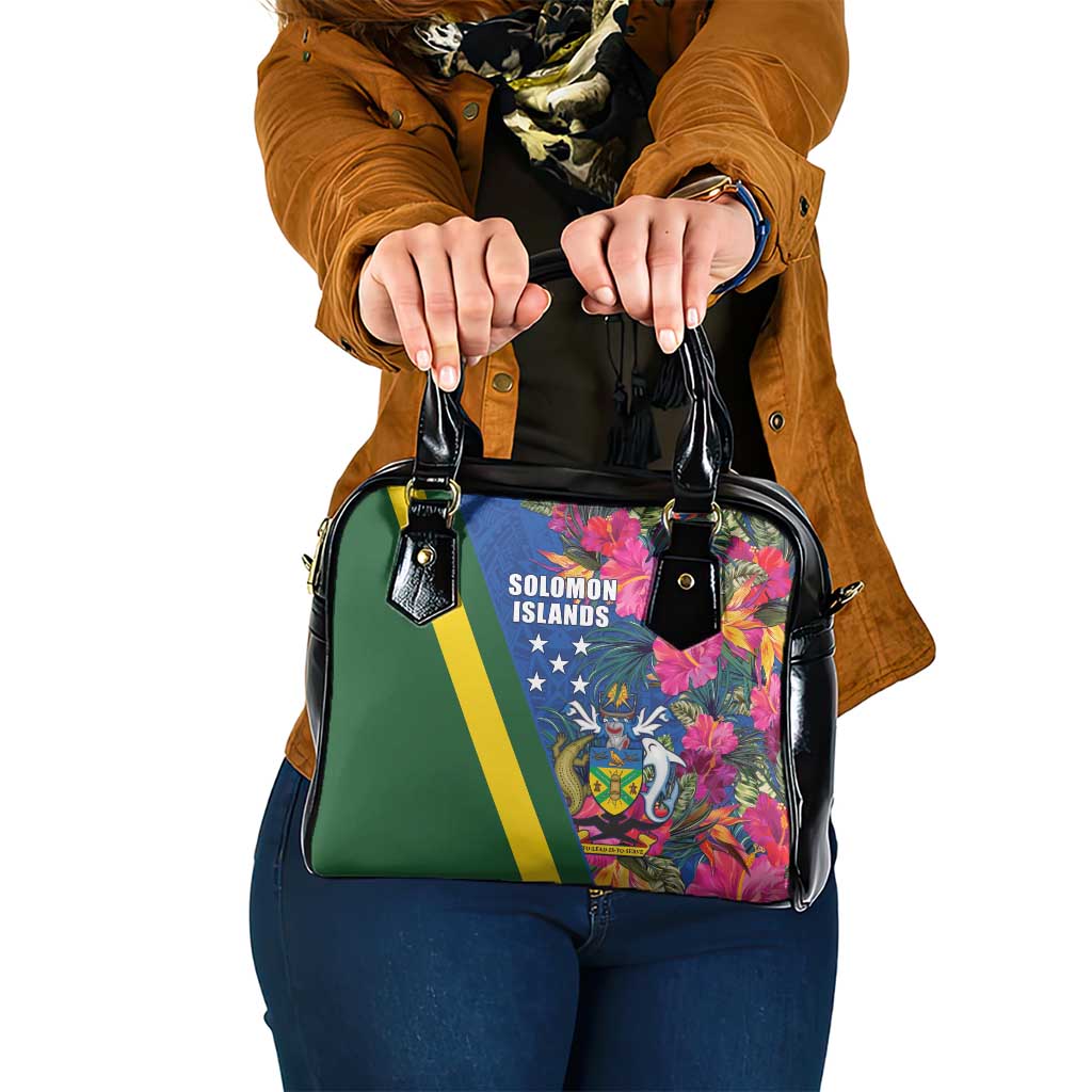 Solomon Islands Independence Day Shoulder Handbag Coat Of Arms With Tropical Flowers LT05 One Size Blue - Polynesian Pride