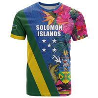 Solomon Islands Independence Day T Shirt Coat Of Arms With Tropical Flowers LT05 Blue - Polynesian Pride