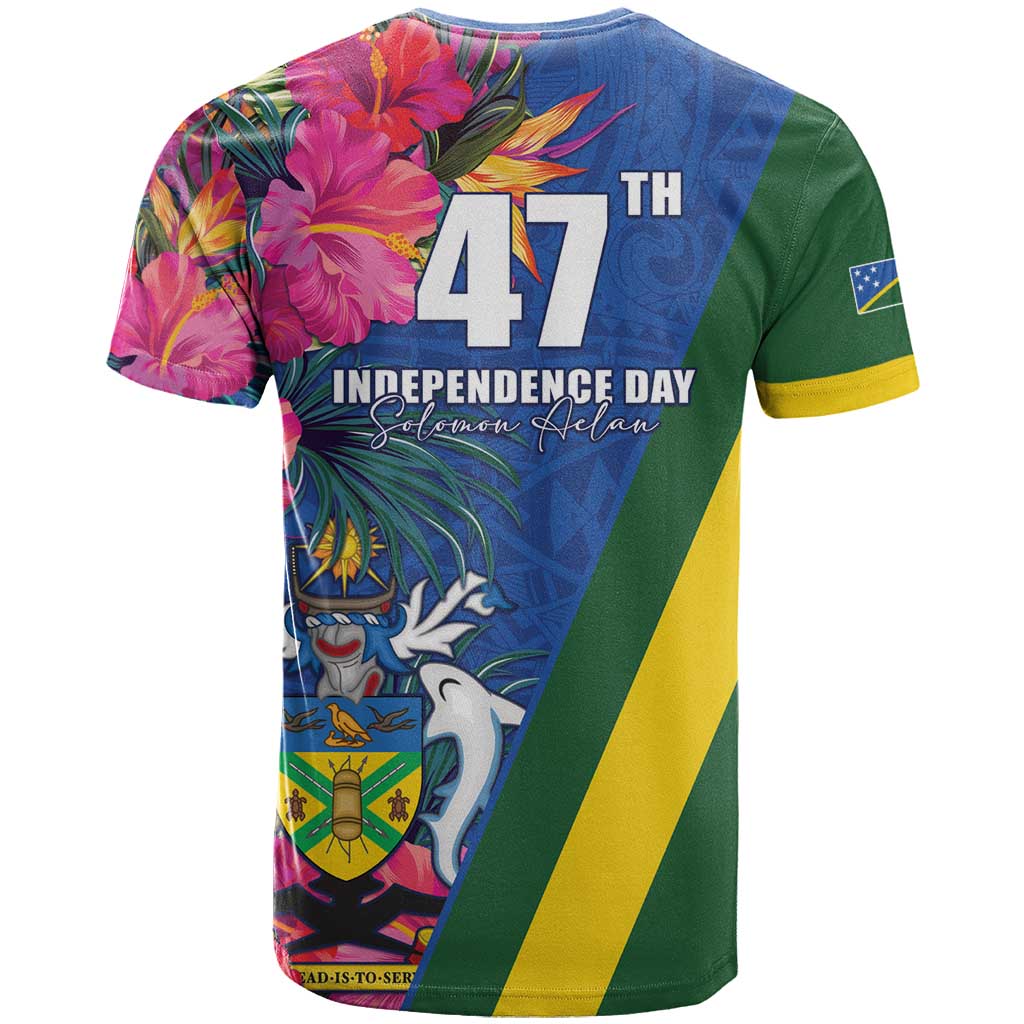 Solomon Islands Independence Day T Shirt Coat Of Arms With Tropical Flowers LT05 - Polynesian Pride
