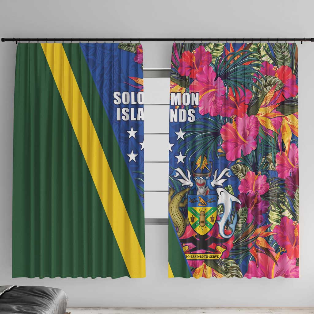 Solomon Islands Independence Day Window Curtain Coat Of Arms With Tropical Flowers LT05 With Hooks Blue - Polynesian Pride