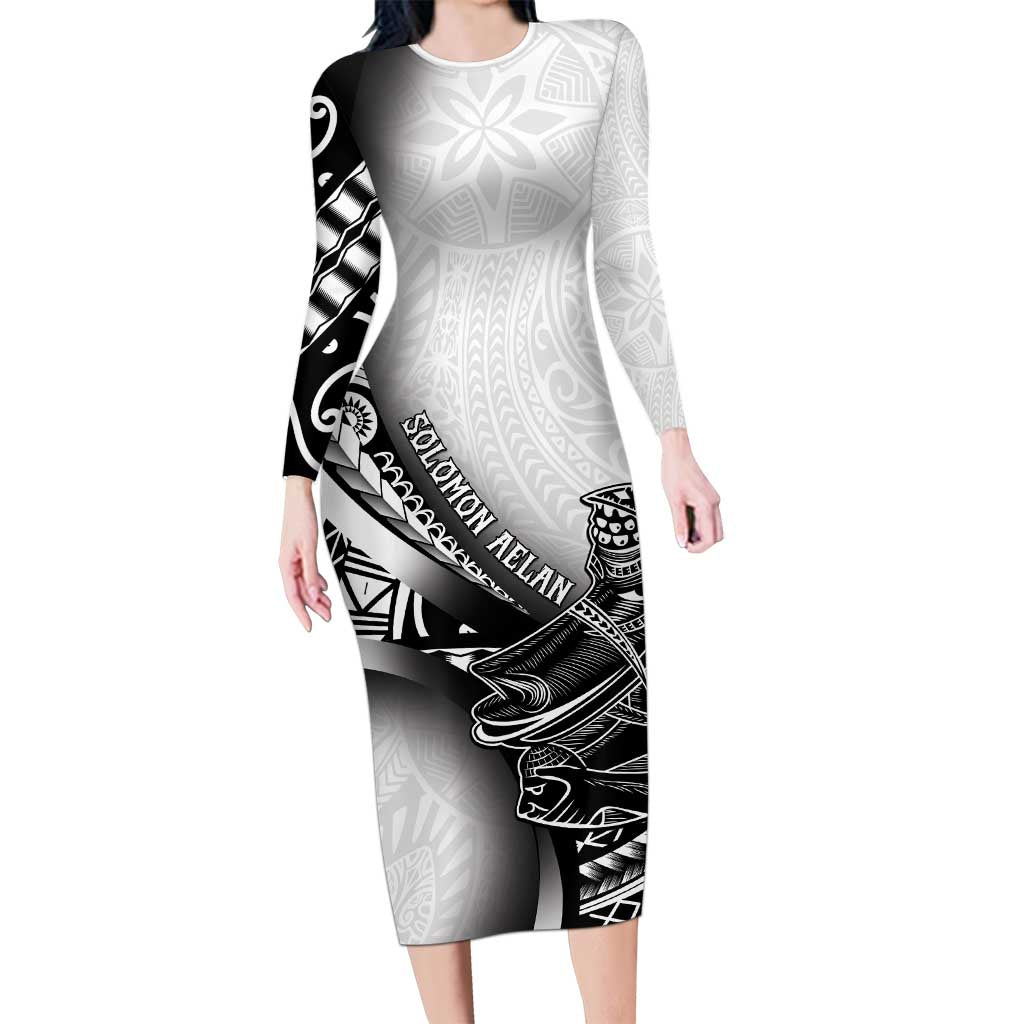 Solomon Islands Nguzunguzu Long Sleeve Bodycon Dress Polynesian Tribal Pattern LT05 Long Dress White - Polynesian Pride